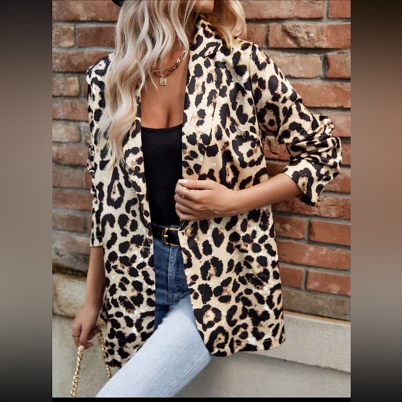 Leopard Trim Open Front Blazer with Pockets